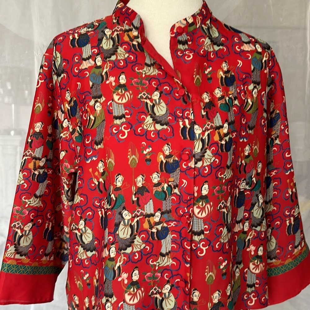 Natori Red Multi-Color Printed Mandarin Collar Pajama Top